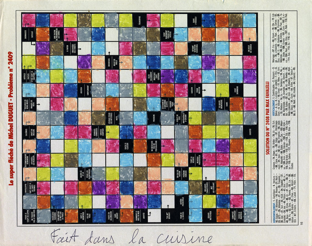 Claude Closky, ‘Fait dans la cuisine [done in the kitchen] (crossword puzzle n° 2409)’, 1996, pastel and ballpoint on newspaper, 23,2 x 29,5 cm.